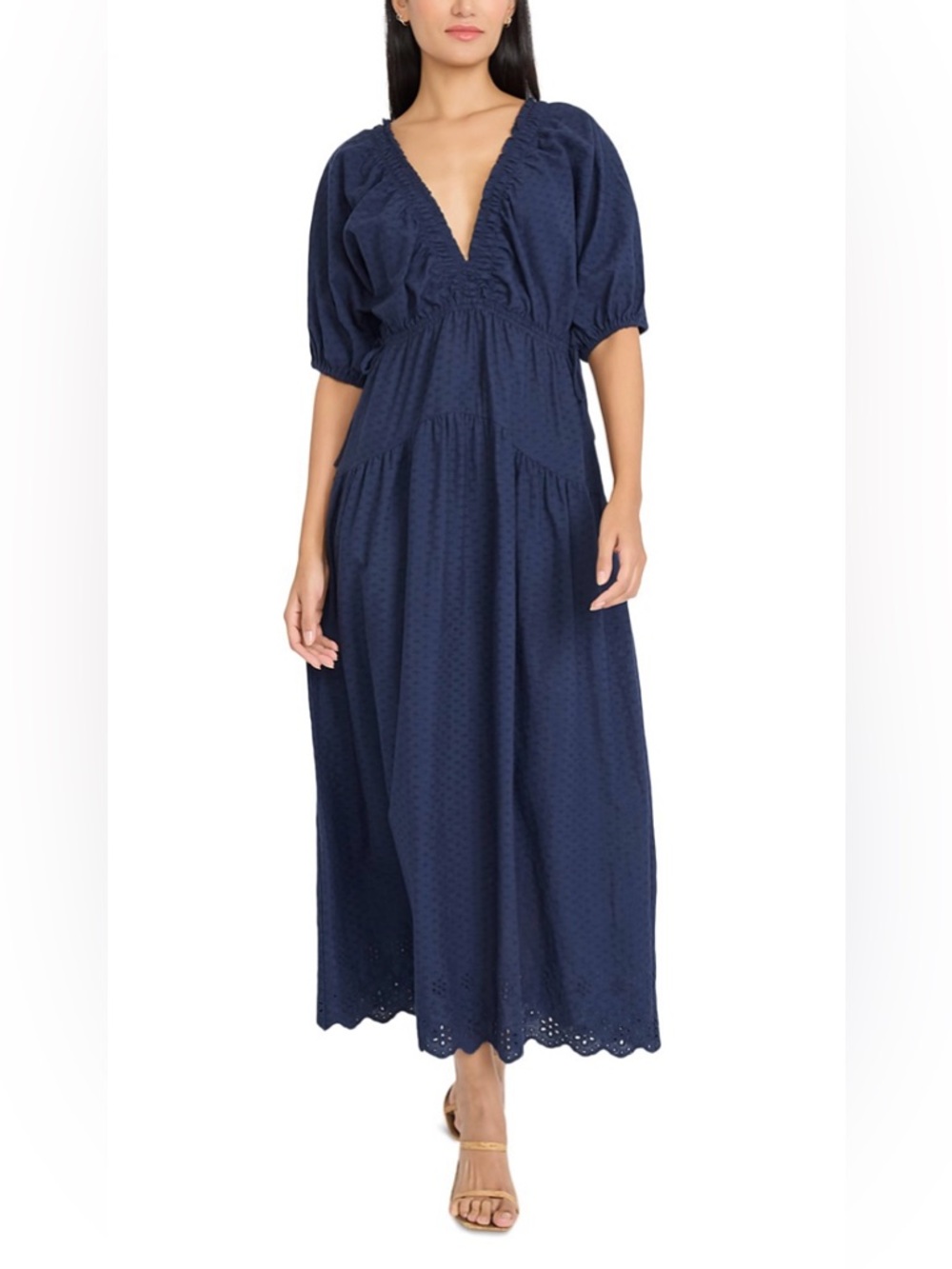 Deep Navy V-Neck Eyelet Maxi Dress with Smocked Waist
